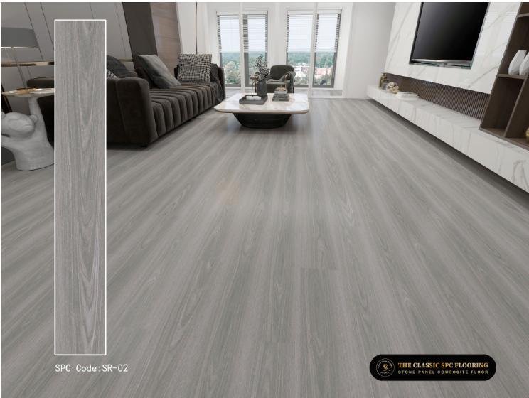 SPC flooring colour SR-02, plank sample and room setting