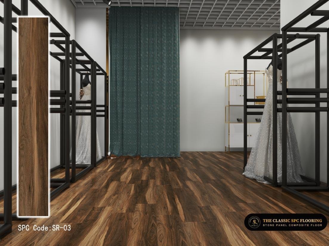 SPC flooring colour SR-03, plank sample and room setting