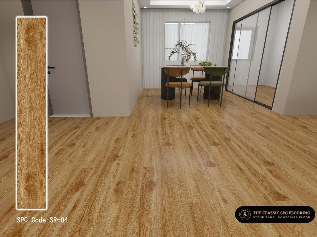 SPC flooring colour SR-04, plank sample and room setting