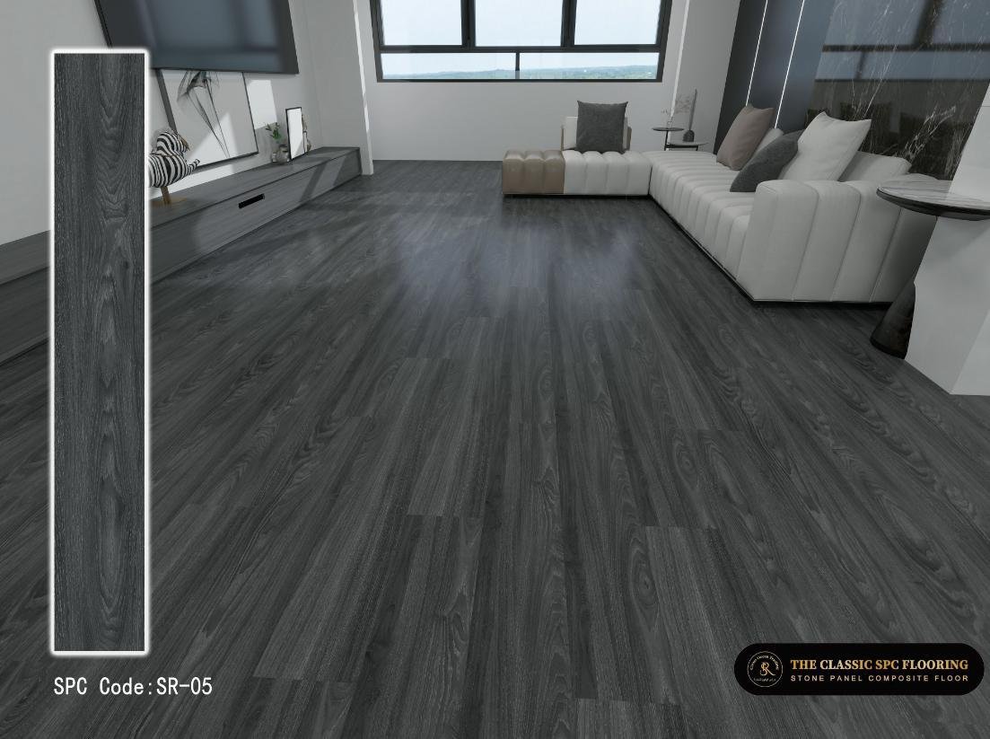 SPC flooring colour SR-05, plank sample and room setting
