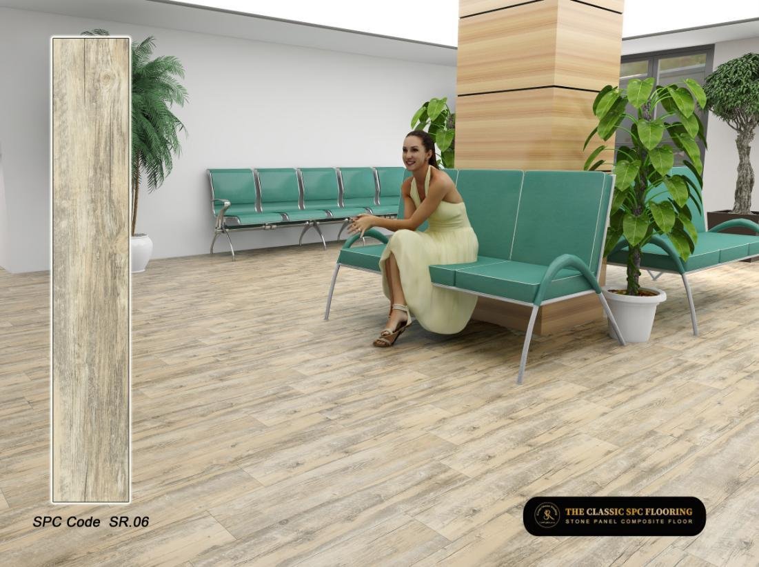 SPC flooring colour SR-06, plank sample and room setting