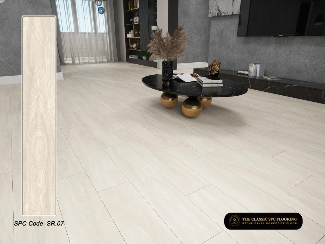 SPC flooring colour SR-07, plank sample and room setting
