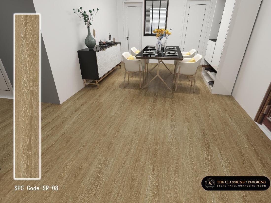 SPC flooring colour SR-08, plank sample and room setting