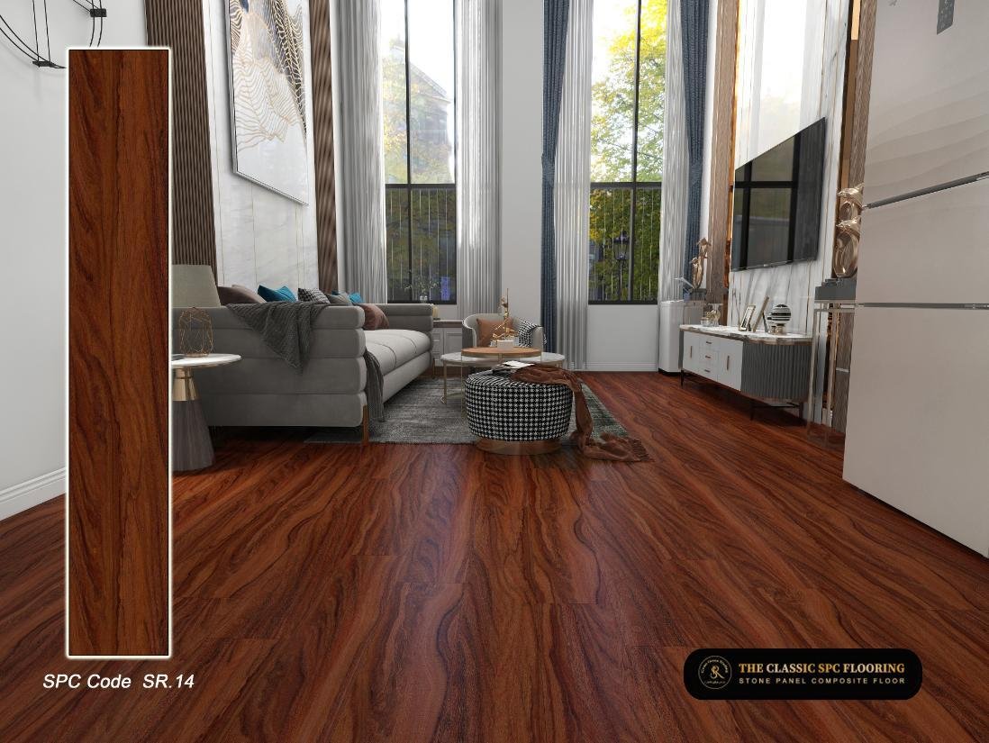 SPC flooring colour SR-14, plank sample and room setting