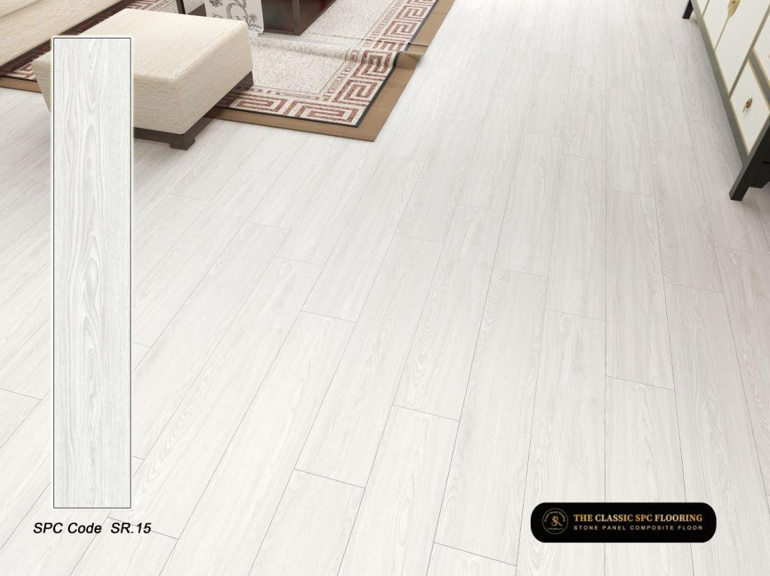 SPC flooring colour SR-15, plank sample and room setting