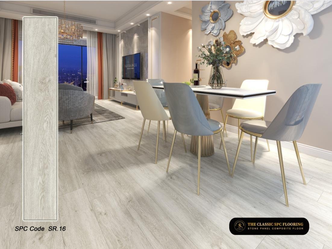 SPC flooring colour SR-16, plank sample and room setting