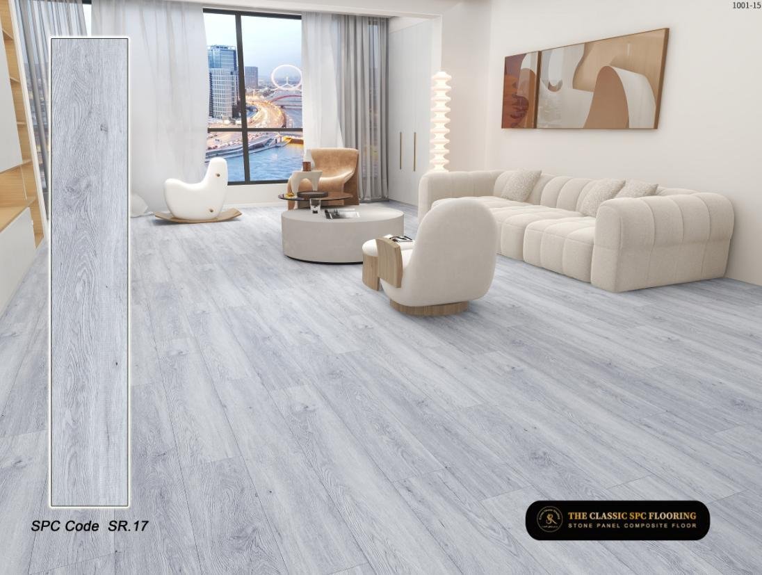 SPC flooring colour SR-17, plank sample and room setting