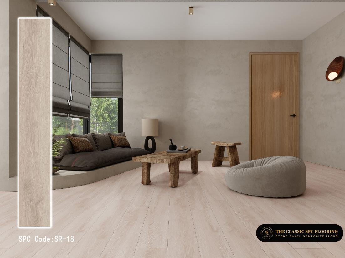 SPC flooring colour SR-18, plank sample and room setting