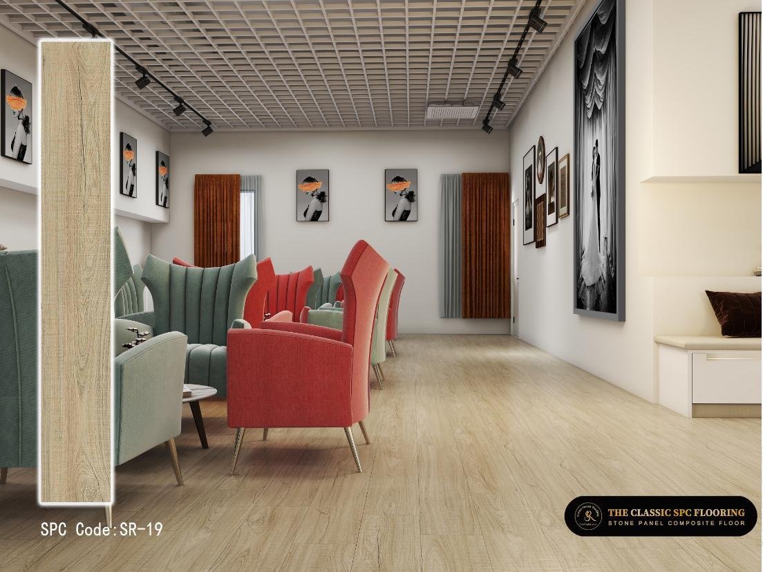 SPC flooring colour SR-19, plank sample and room setting
