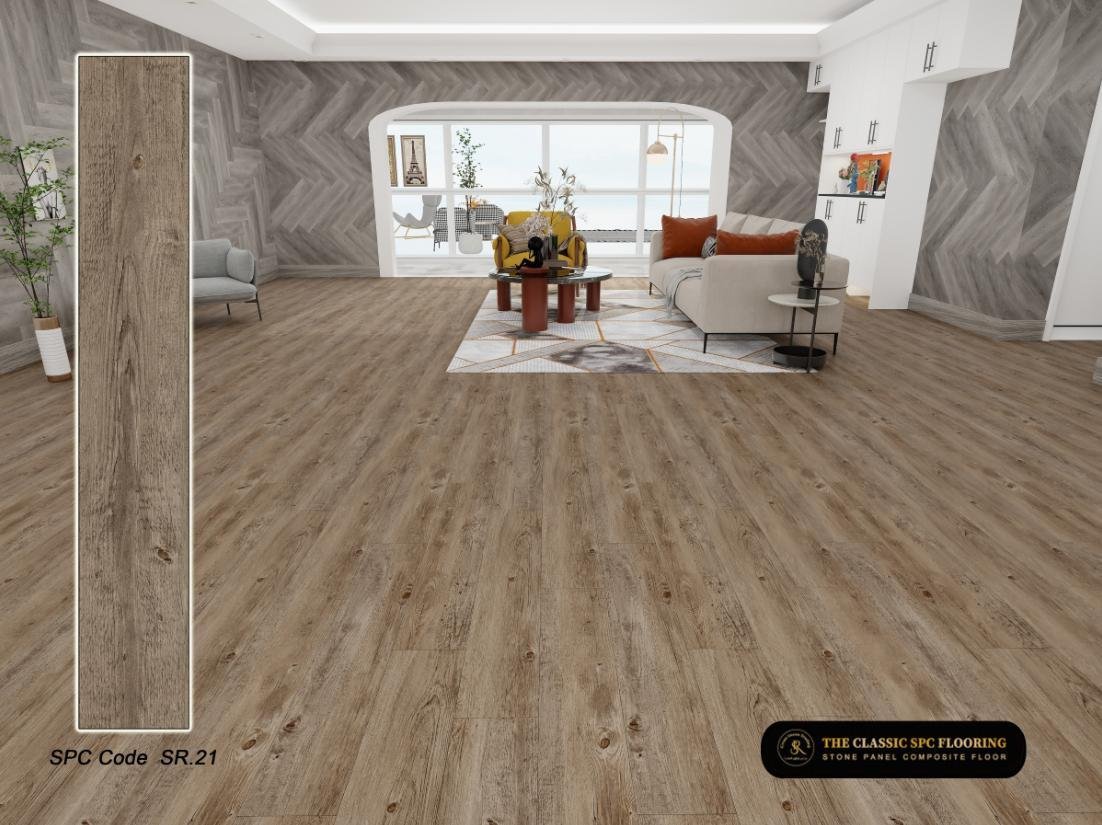 SPC flooring colour SR-21, plank sample and room setting