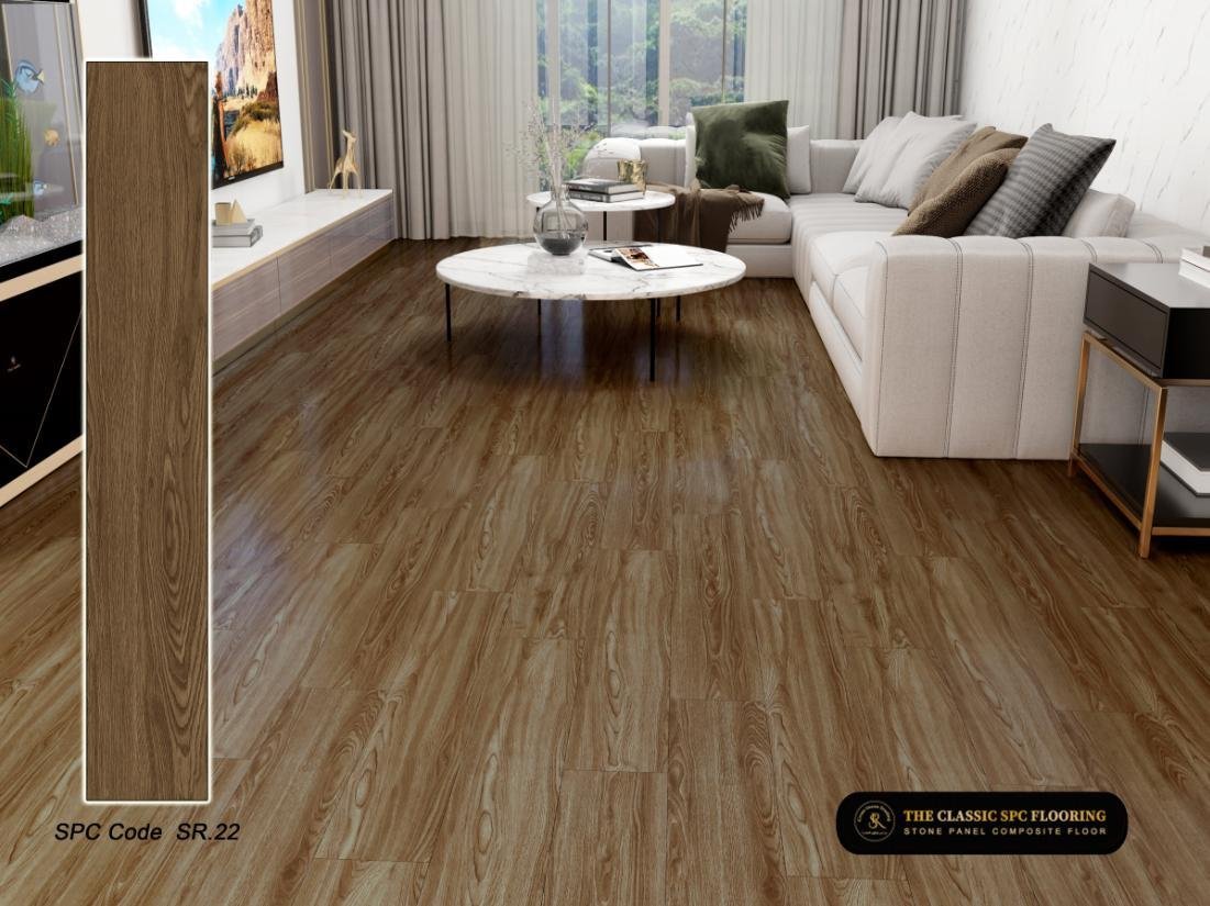 SPC flooring colour SR-22, plank sample and room setting