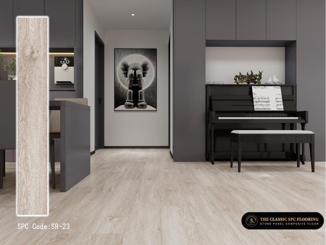 SPC flooring colour SR-23, plank sample and room setting