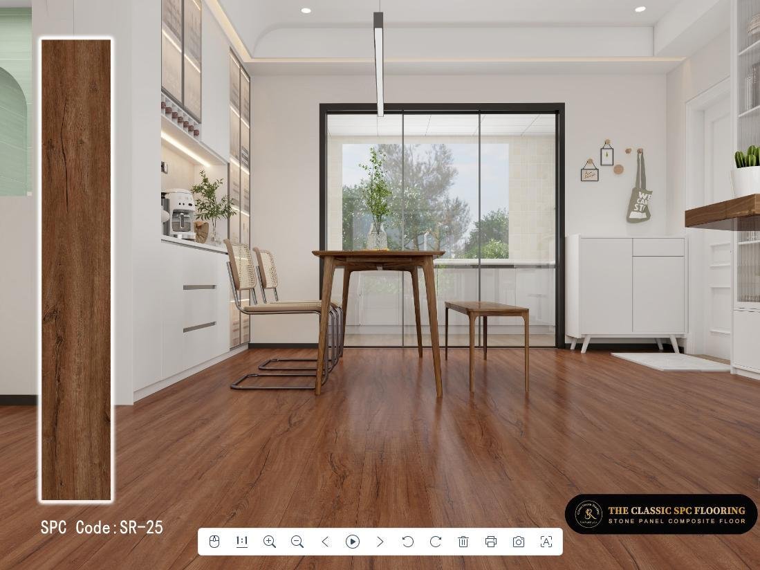SPC flooring colour SR-25, plank sample and room setting