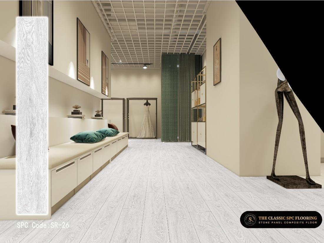 SPC flooring colour SR-26, plank sample and room setting