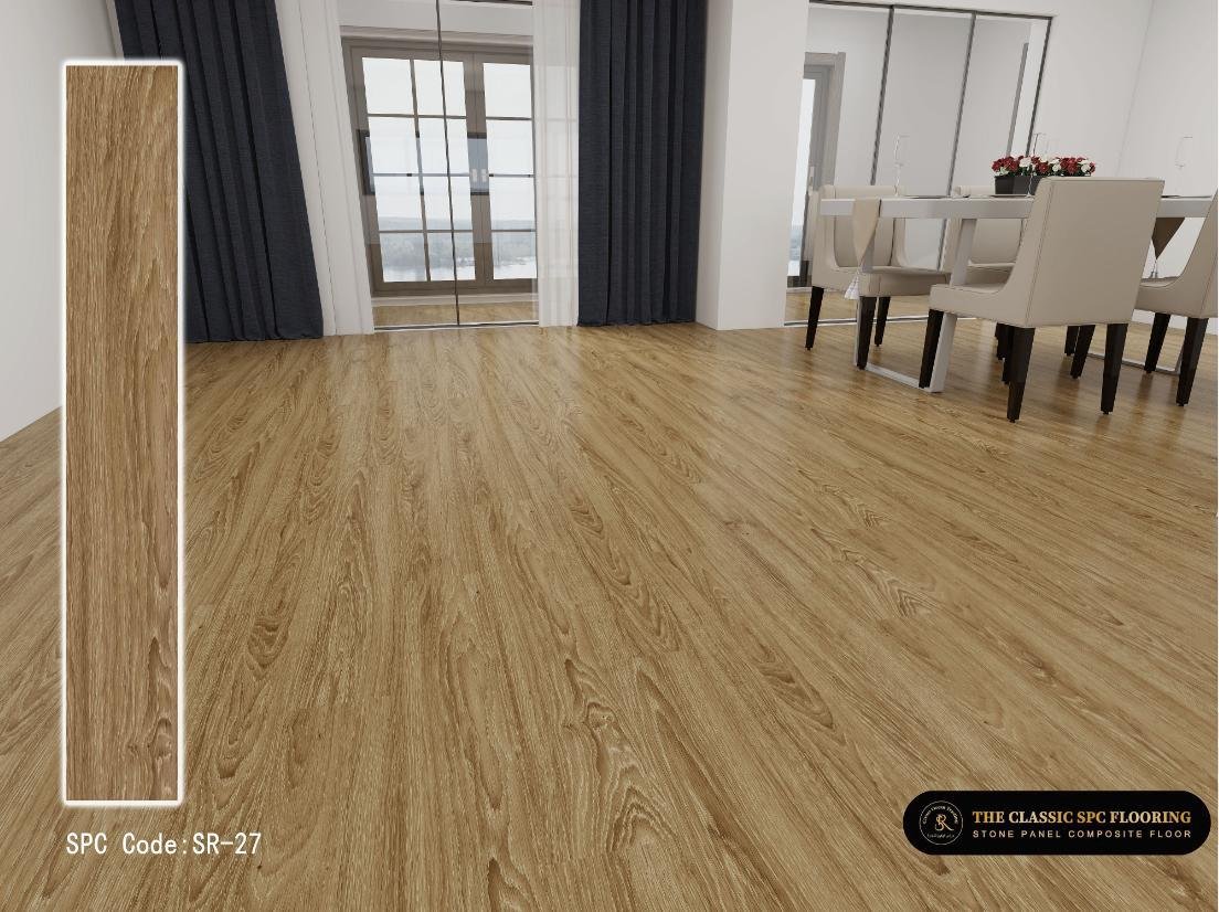 SPC flooring colour SR-27, plank sample and room setting