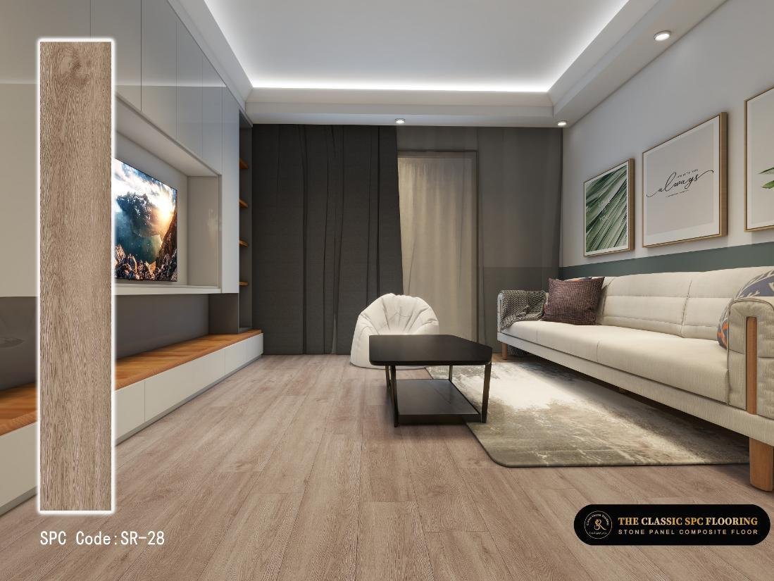 SPC flooring colour SR-28, plank sample and room setting