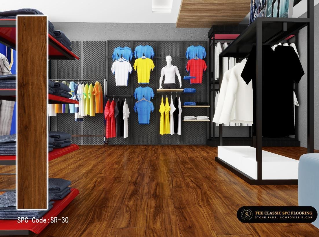 SPC flooring colour SR-30, plank sample and room setting