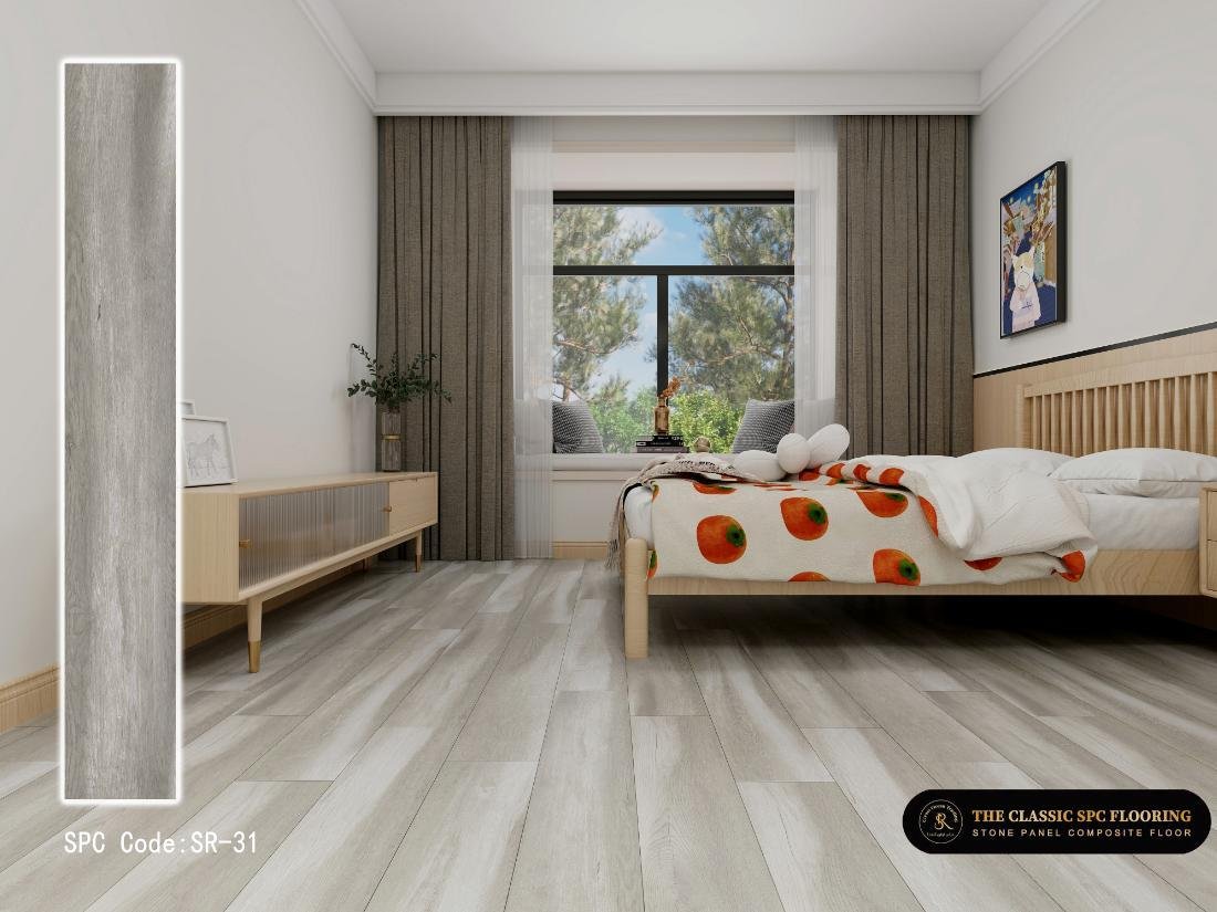 SPC flooring colour SR-31, plank sample and room setting